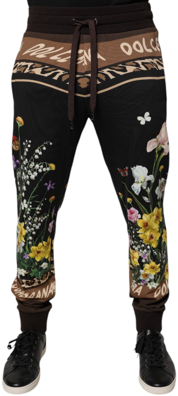 Dolce & Gabbana Black Floral Cotton Jogger Sweatpants Pants Zwart
