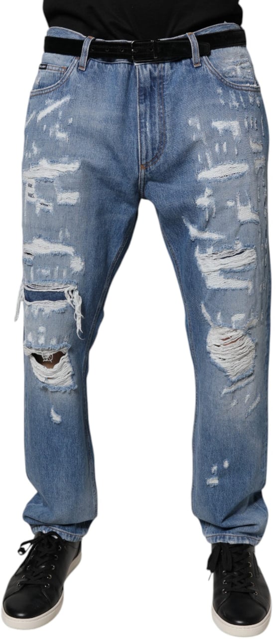 Dolce & Gabbana Blue Tattered Straight Cotton Denim Jeans Divers