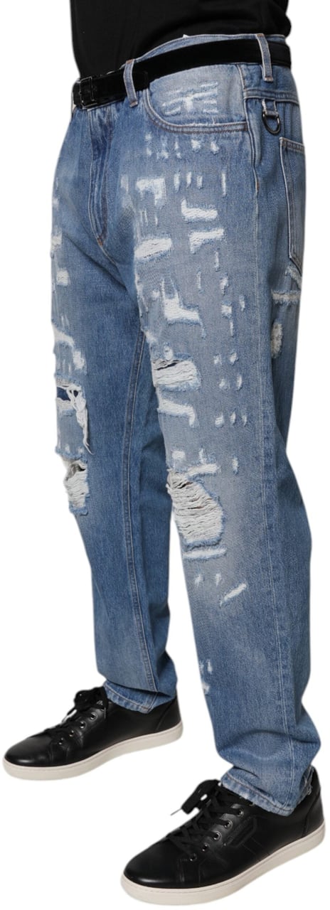 Dolce & Gabbana Blue Tattered Straight Cotton Denim Jeans Divers