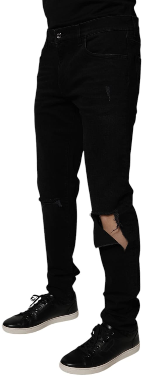 Dolce & Gabbana Black Cotton Tattered Skinny Men Denim Jeans Zwart