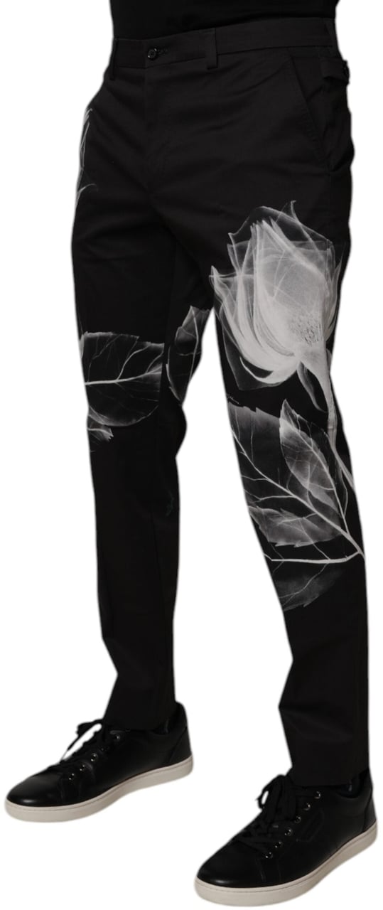Dolce & Gabbana Black Cotton Floral Skinny Dress Pants Zwart