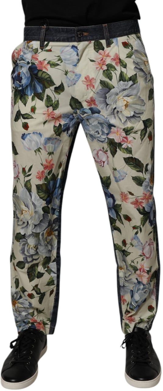 Dolce & Gabbana Beige Blue Floral Cotton Men Denim Jeans Zwart