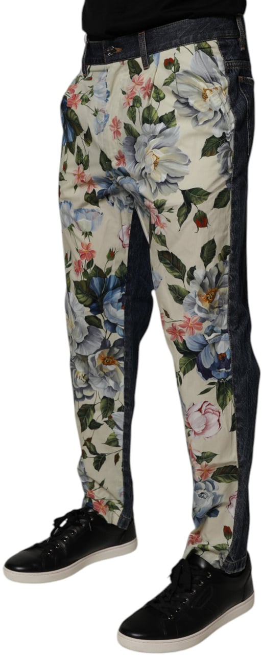 Dolce & Gabbana Beige Blue Floral Cotton Men Denim Jeans Zwart