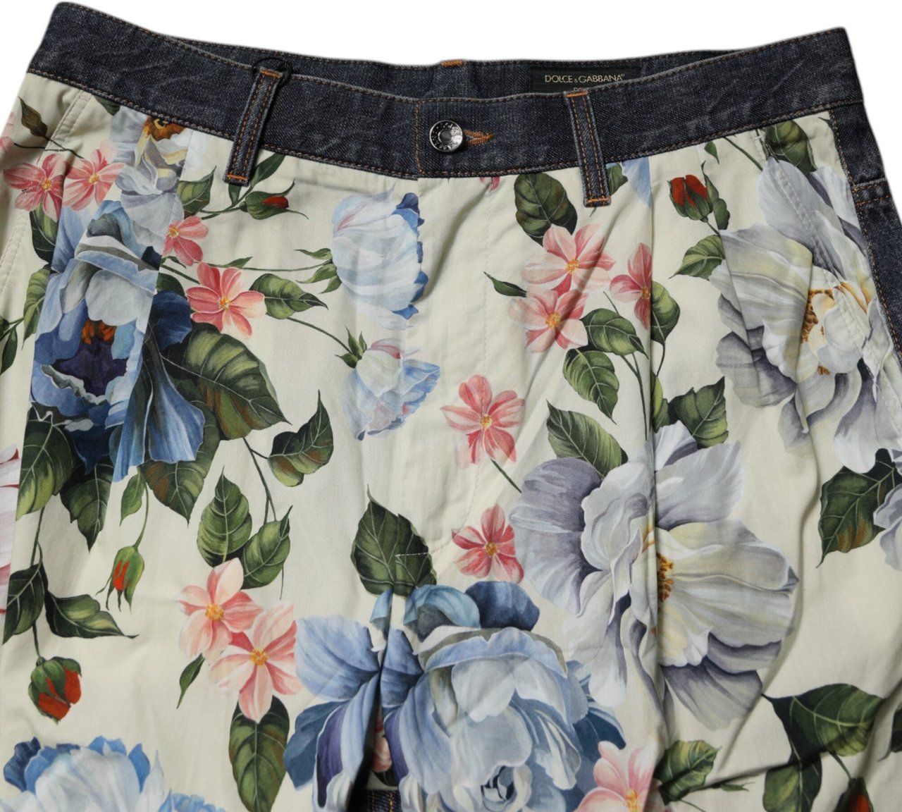 Dolce & Gabbana Beige Blue Floral Cotton Men Denim Jeans Zwart