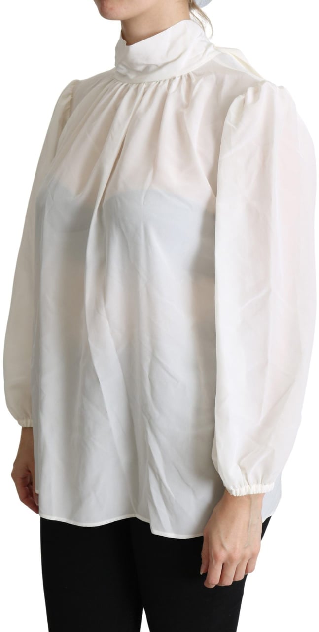 Dolce & Gabbana White Silk Pussy Bow Long Sleeved Top Blouse Wit