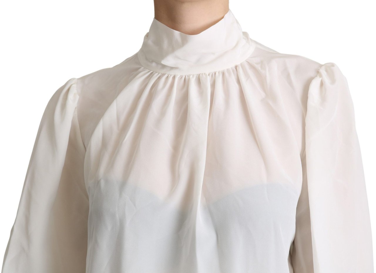 Dolce & Gabbana White Silk Pussy Bow Long Sleeved Top Blouse Wit