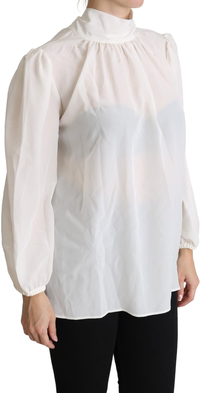 Dolce & Gabbana White Silk Pussy Bow Long Sleeved Top Blouse Wit
