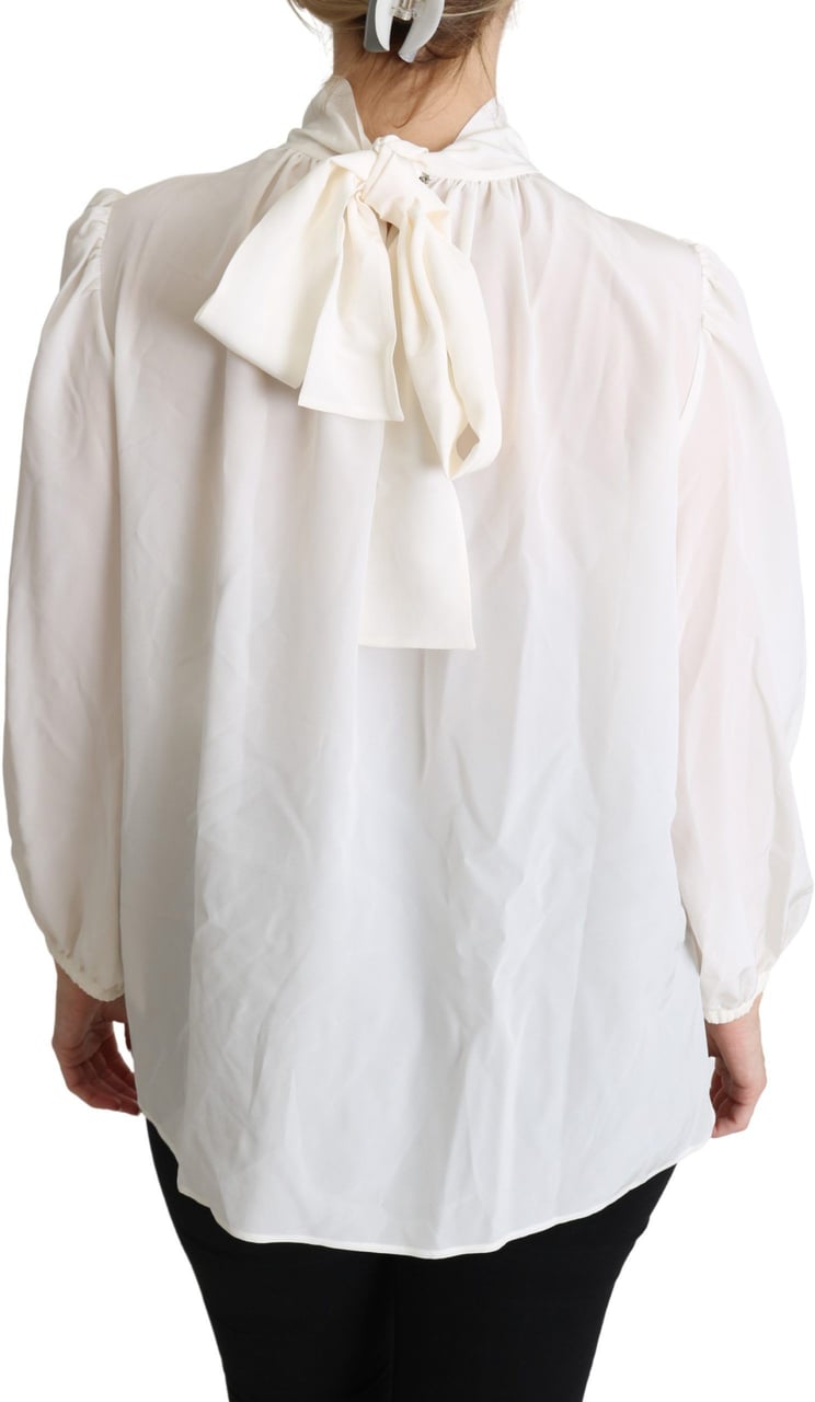 Dolce & Gabbana White Silk Pussy Bow Long Sleeved Top Blouse Wit