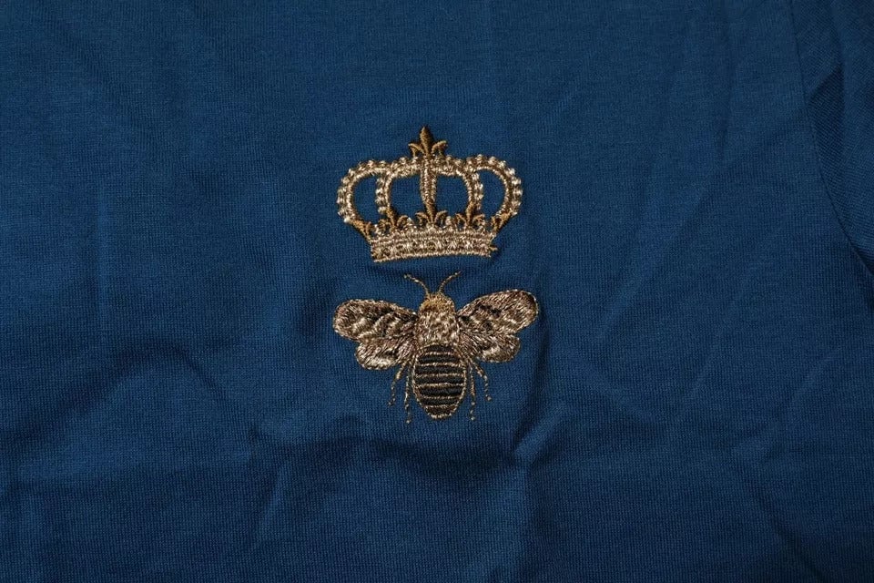 Dolce & Gabbana Blue Crown Bee Cotton Men Crew Neck T-shirt Blauw