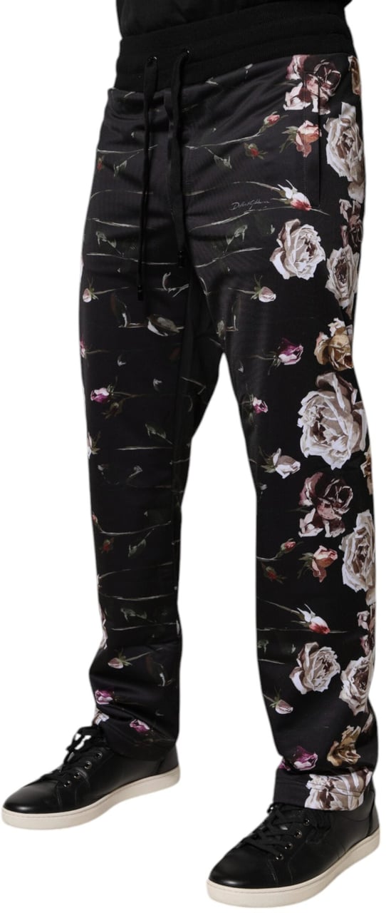 Dolce & Gabbana Black Floral Polyester Jogger Pants Zwart