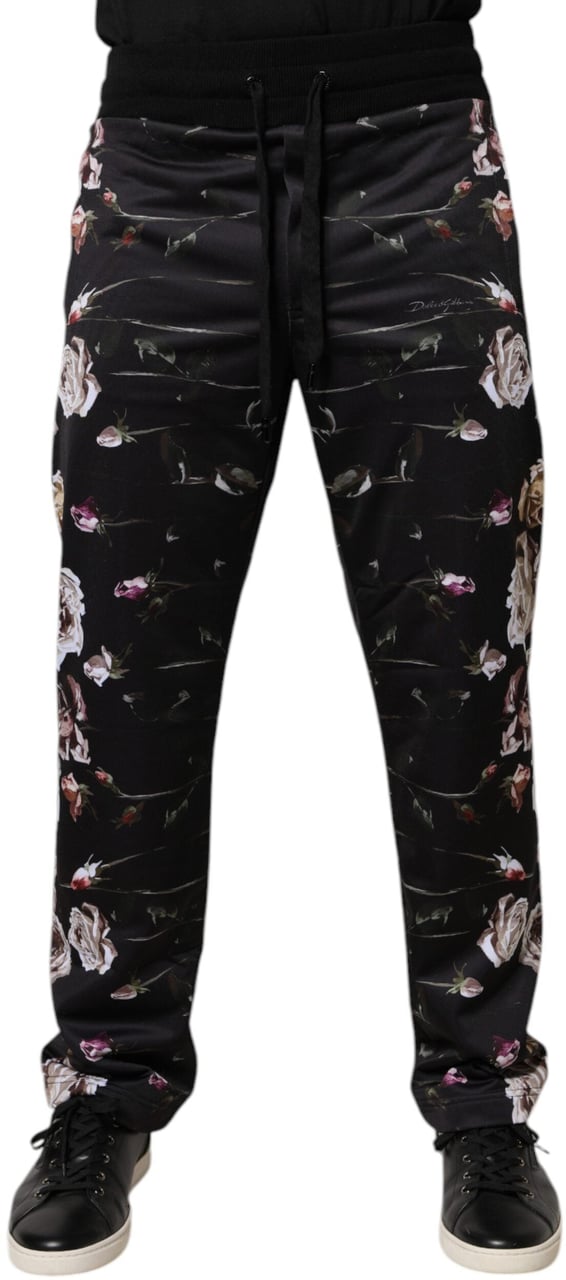 Dolce & Gabbana Black Floral Polyester Jogger Pants Zwart