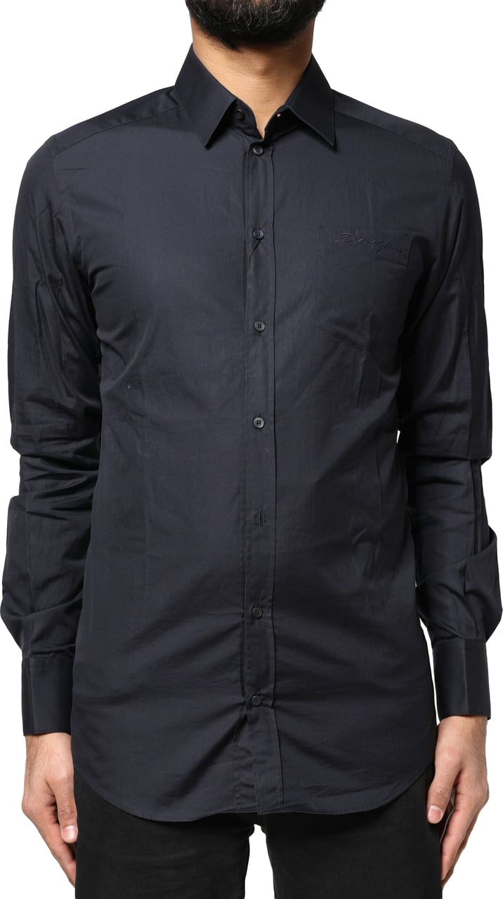 Dolce & Gabbana Dark Blue GOLD Cotton Long Sleeves Dress Shirt Blauw