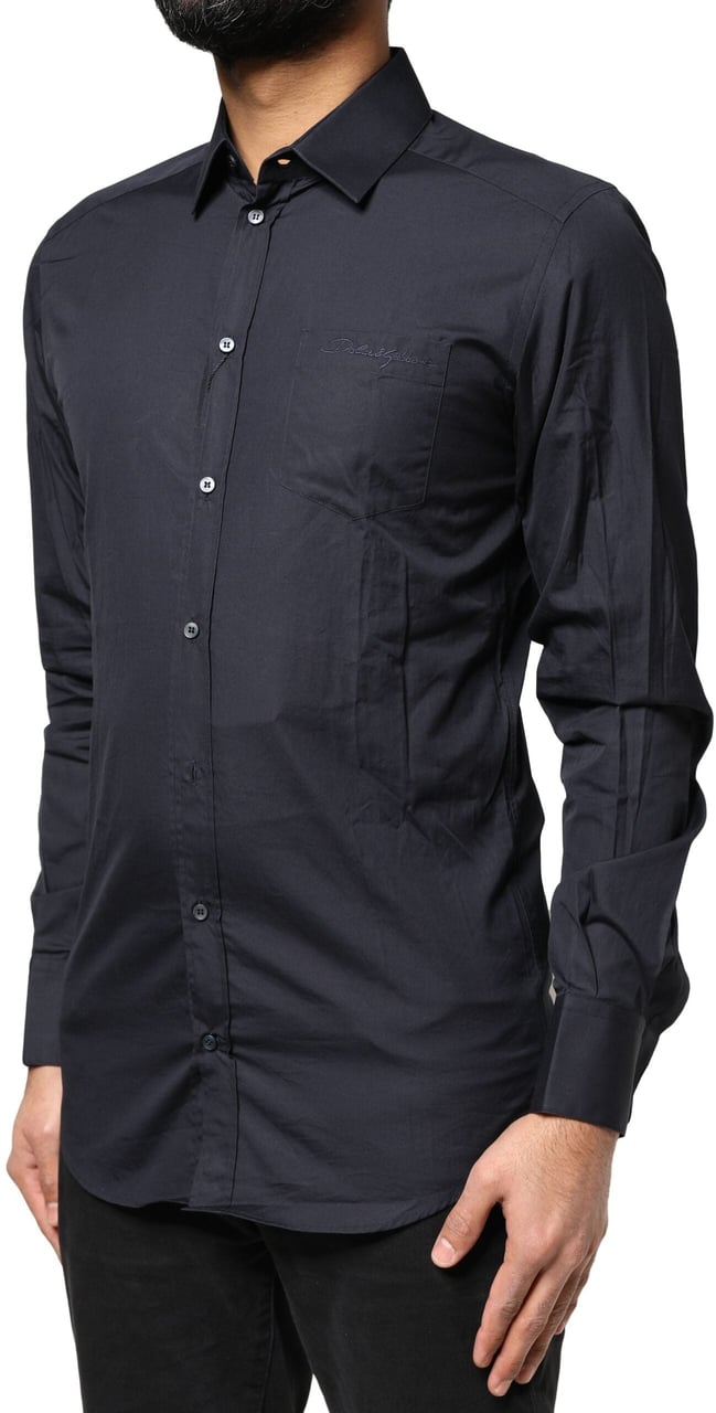 Dolce & Gabbana Dark Blue GOLD Cotton Long Sleeves Dress Shirt Blauw