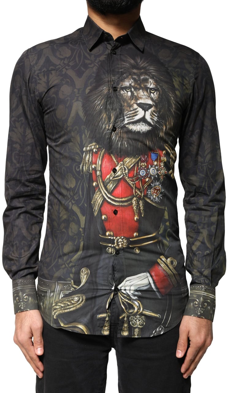 Dolce & Gabbana Black Royal Pet Portrait GOLD Dress Shirt Zwart