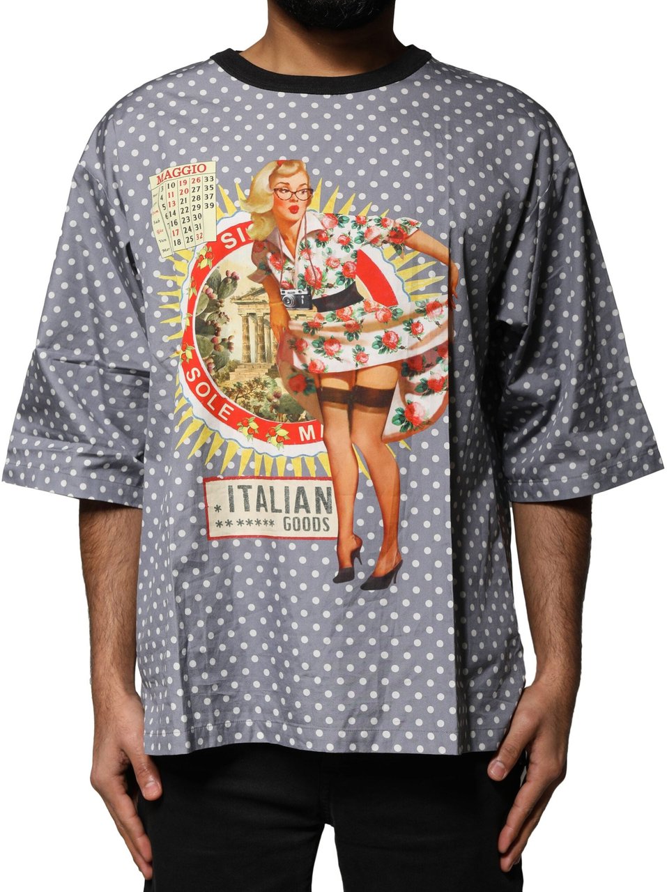 Dolce & Gabbana Gray Polka Dot Pin-Up Print Crew Neck T-shirt Wit