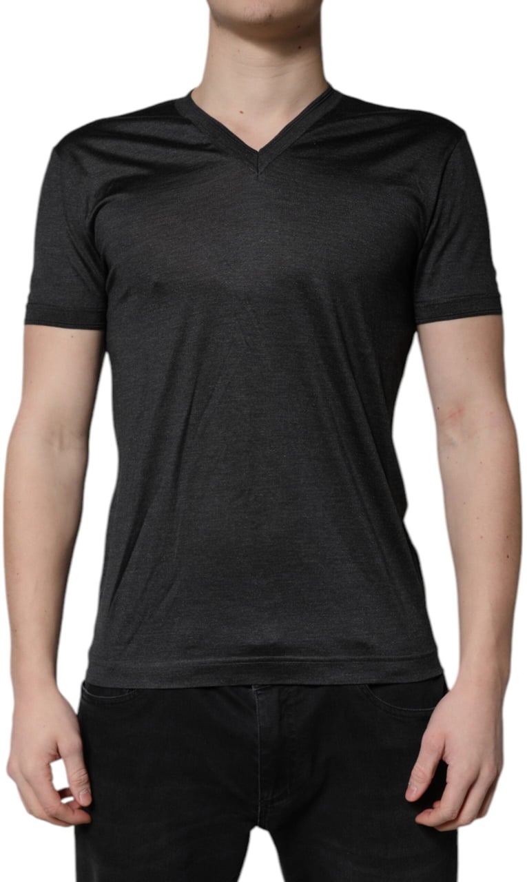 Dolce & Gabbana Dark Gray Silk V-neck Short Sleeves T-shirt Navy