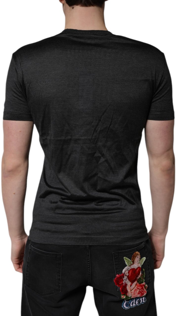 Dolce & Gabbana Dark Gray Silk V-neck Short Sleeves T-shirt Navy
