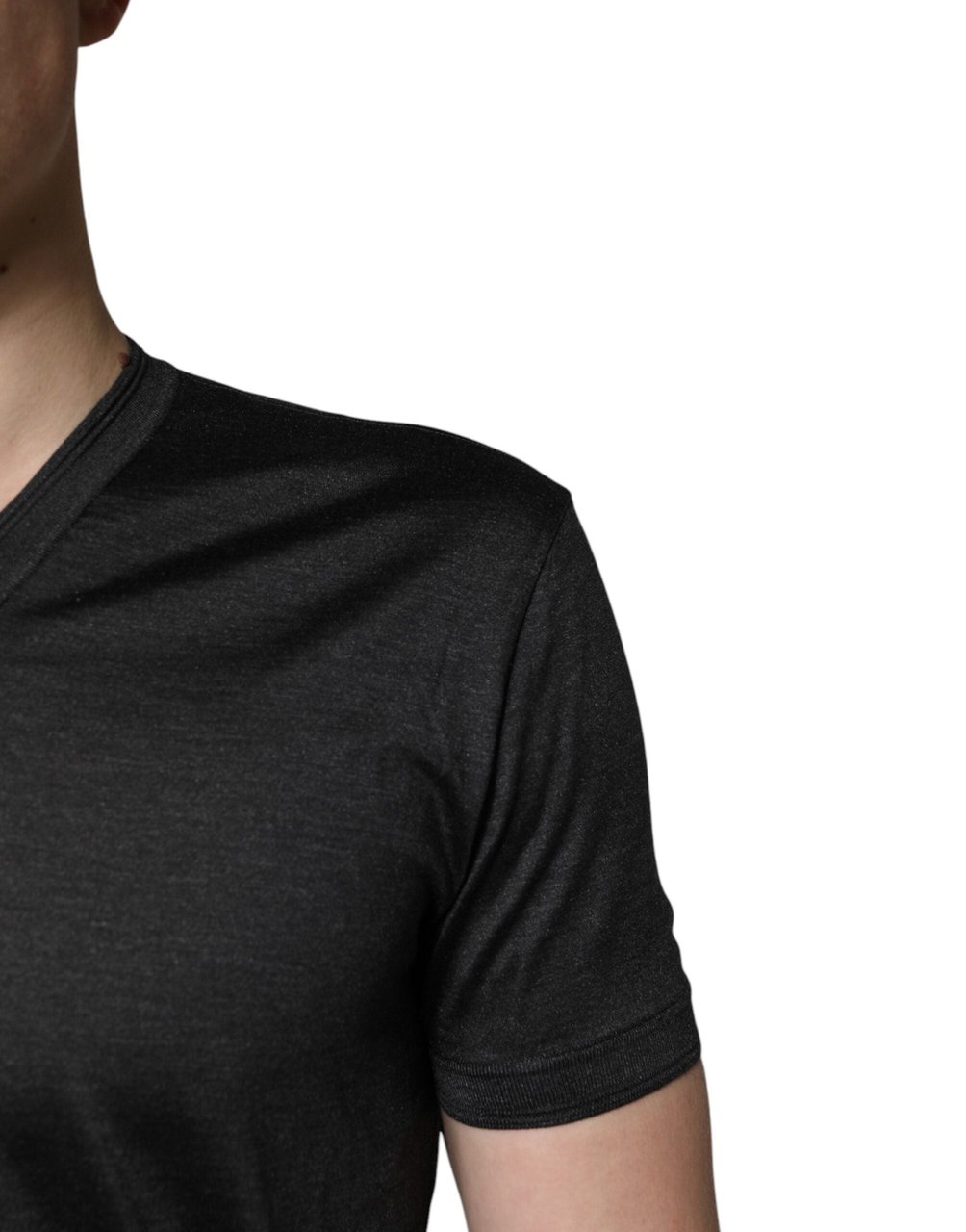Dolce & Gabbana Dark Gray Silk V-neck Short Sleeves T-shirt Navy
