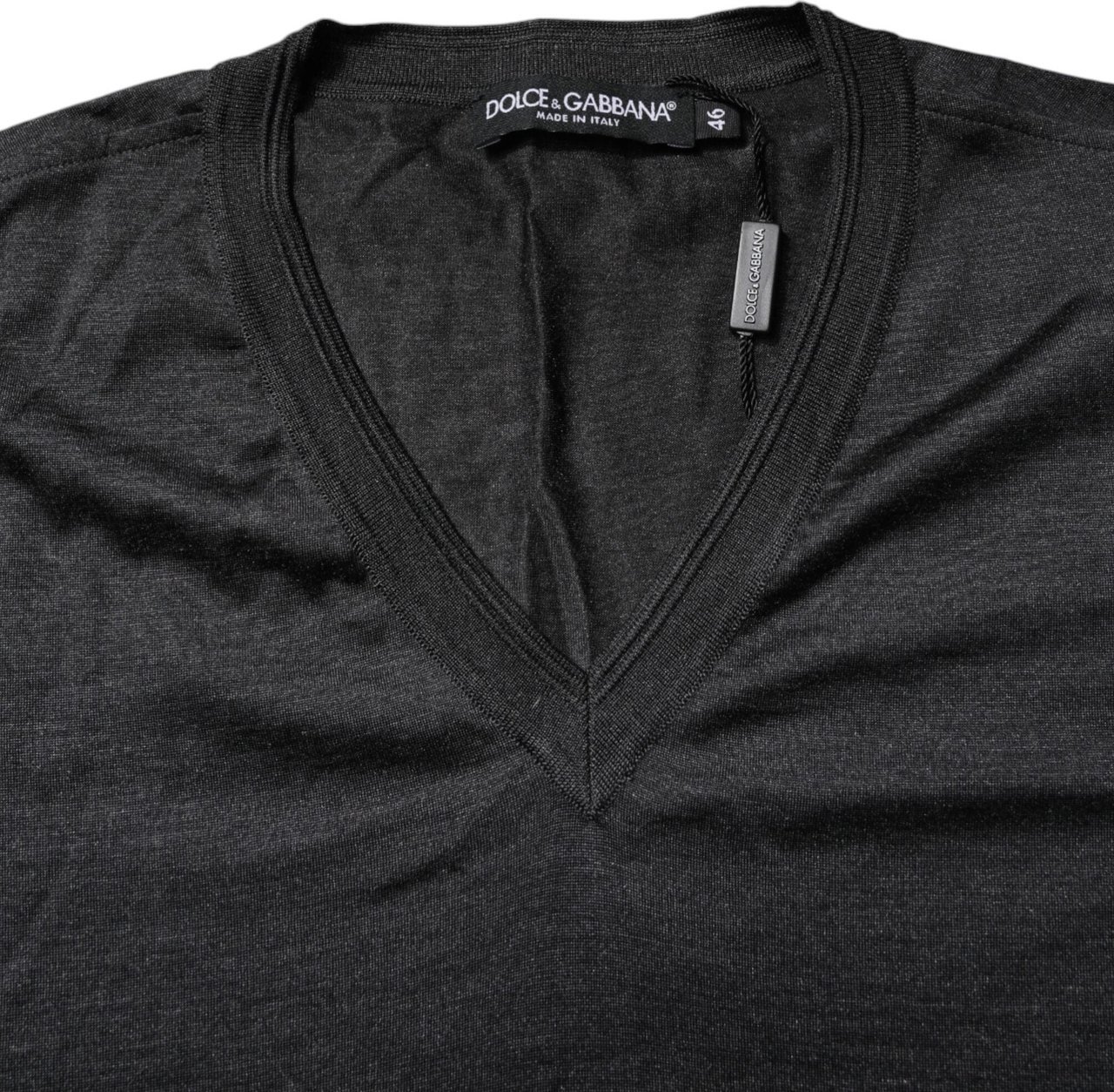 Dolce & Gabbana Dark Gray Silk V-neck Short Sleeves T-shirt Navy
