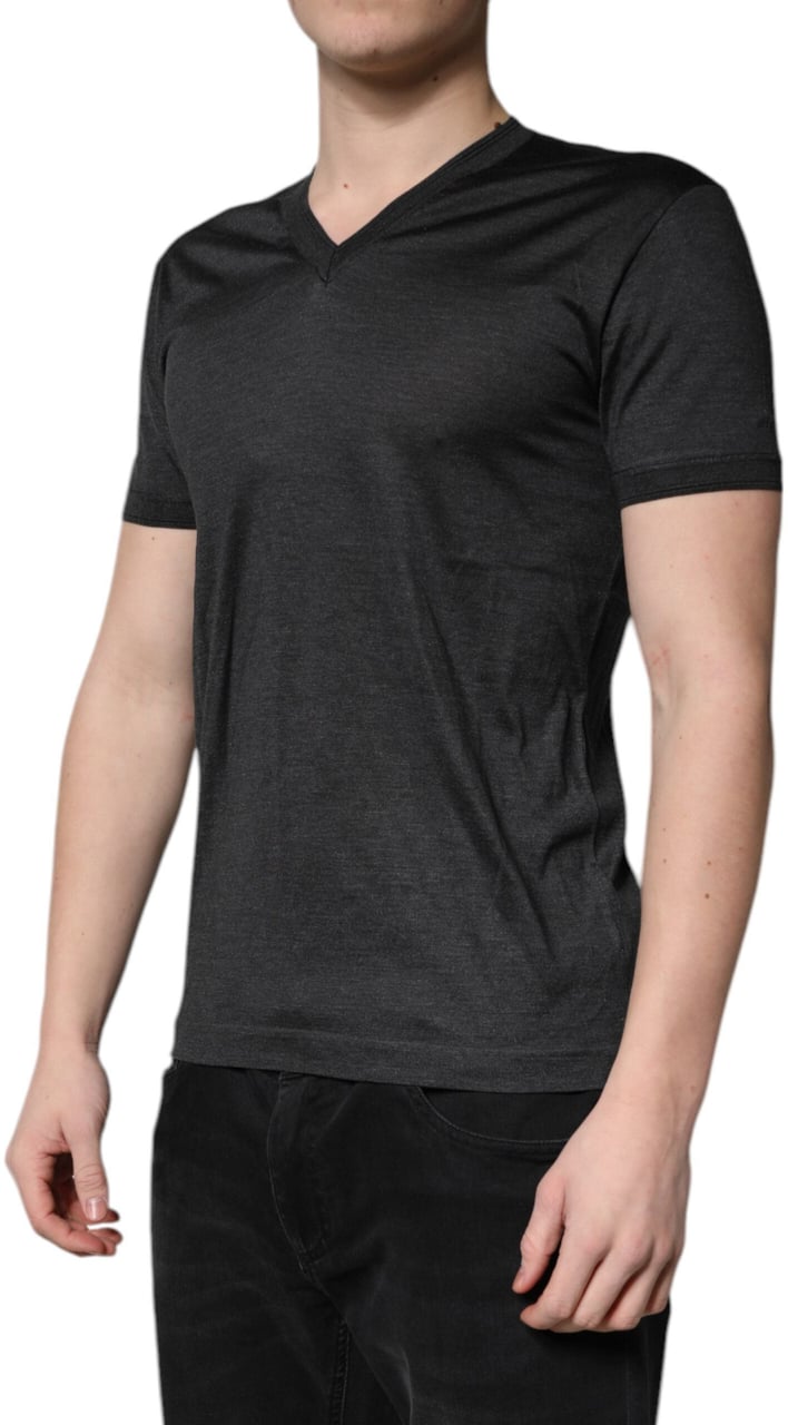 Dolce & Gabbana Dark Gray Silk V-neck Short Sleeves T-shirt Navy