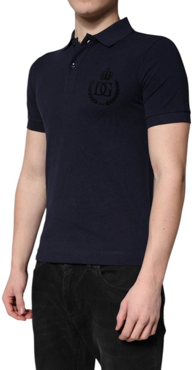 Dolce & Gabbana Dark Blue Cotton Crown Collared Polo T-shirt Blauw