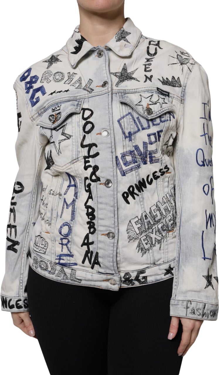 Dolce & Gabbana Light Blue Graffiti Button Down Denim Jacket Lichtblauw
