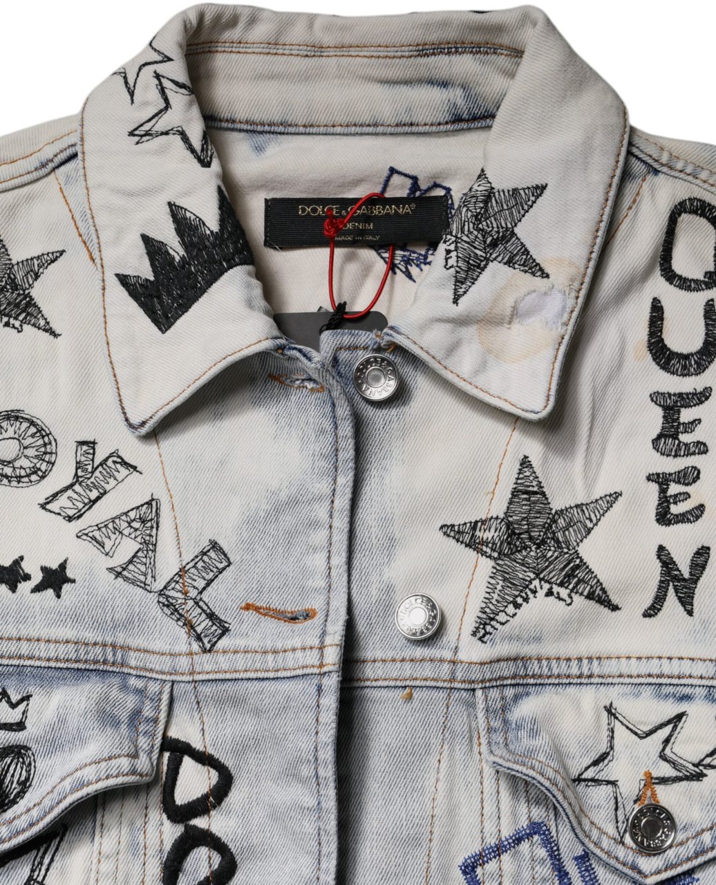 Dolce & Gabbana Light Blue Graffiti Button Down Denim Jacket Lichtblauw