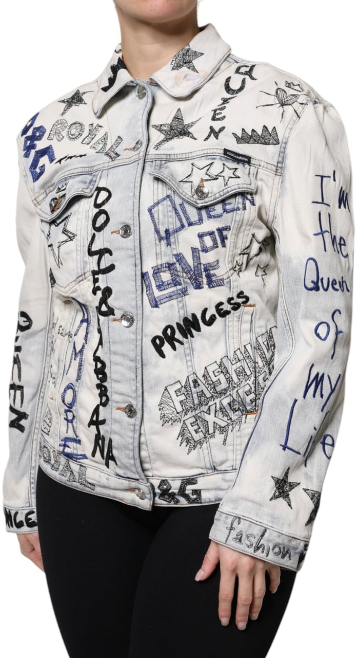 Dolce & Gabbana Light Blue Graffiti Button Down Denim Jacket Lichtblauw