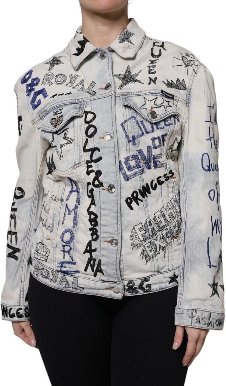 Dolce & Gabbana Light Blue Graffiti Button Down Denim Jacket Lichtblauw