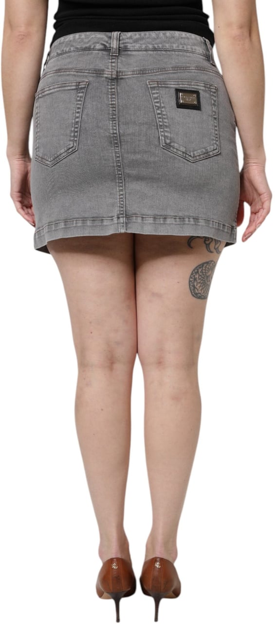 Dolce & Gabbana Gray Cotton Stretch Mid Waist Denim Mini Skirt Grijs