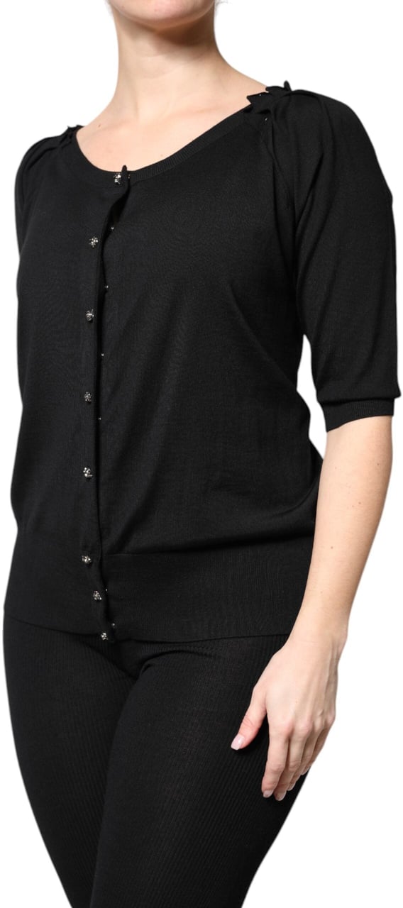Dolce & Gabbana Black Button Down Short Sleeve Blouse Top Zwart
