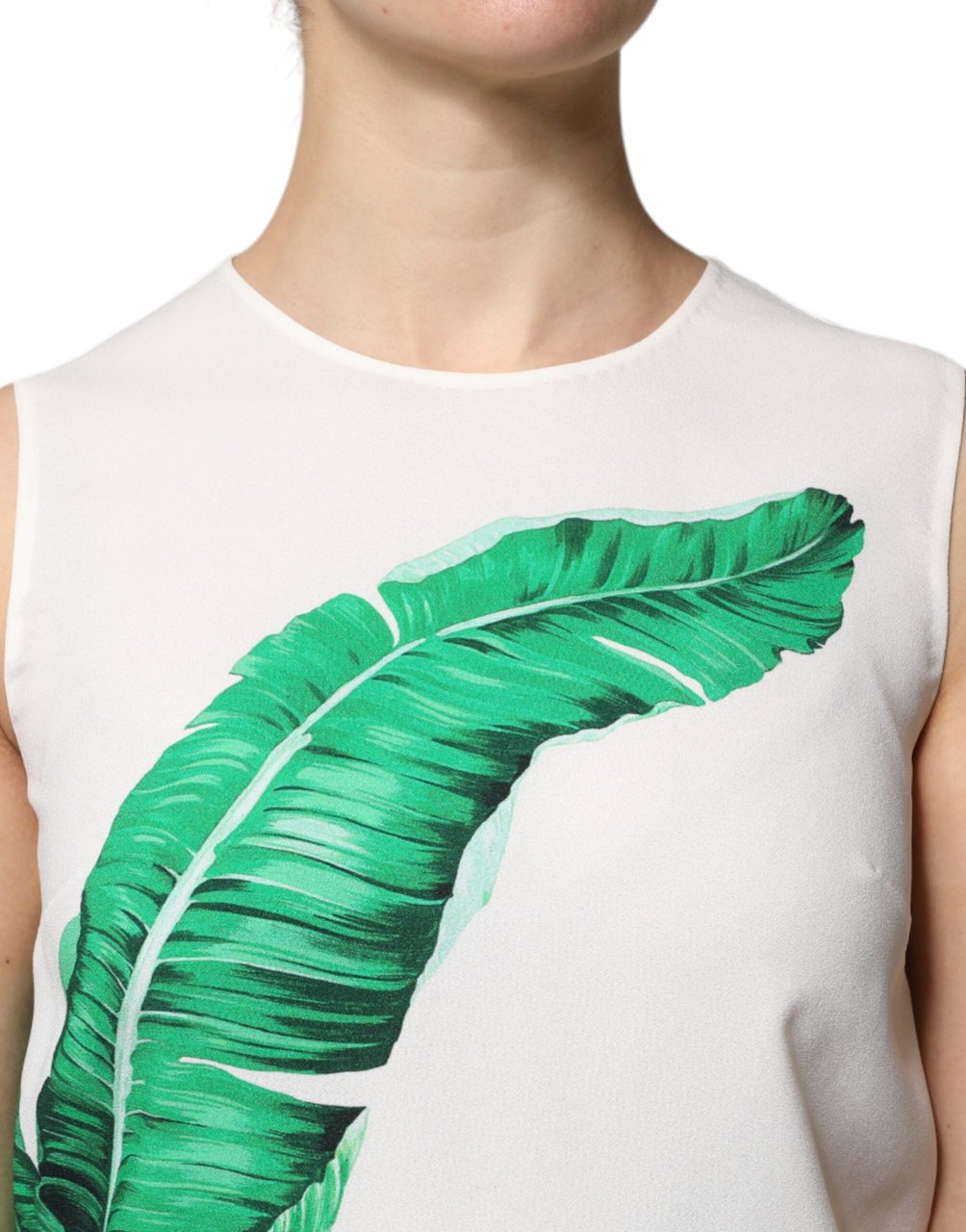 Dolce & Gabbana White Banana Leaf Print Round Neck Tank Top Wit