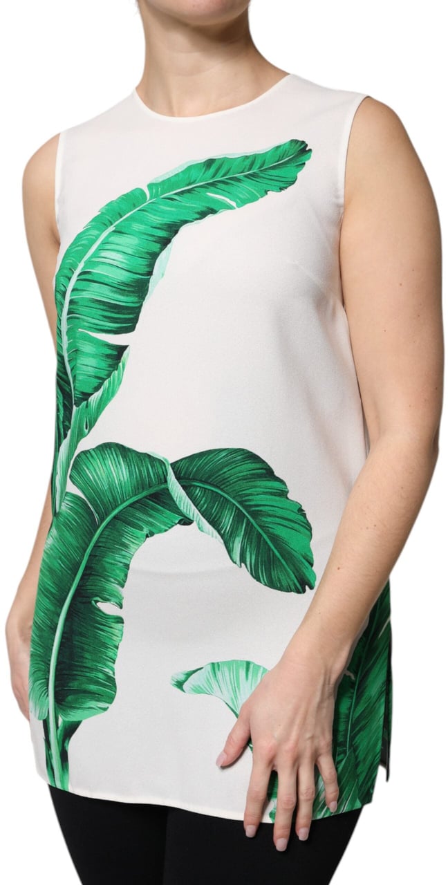 Dolce & Gabbana White Banana Leaf Print Round Neck Tank Top Wit