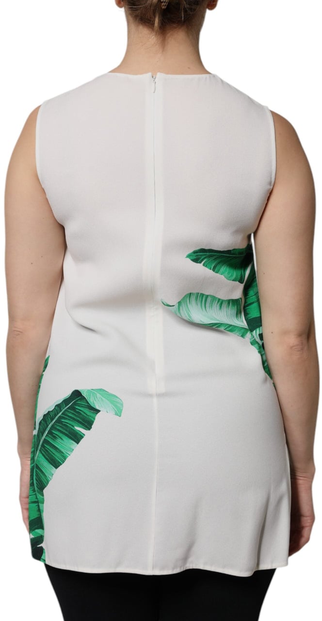 Dolce & Gabbana White Banana Leaf Print Round Neck Tank Top Wit
