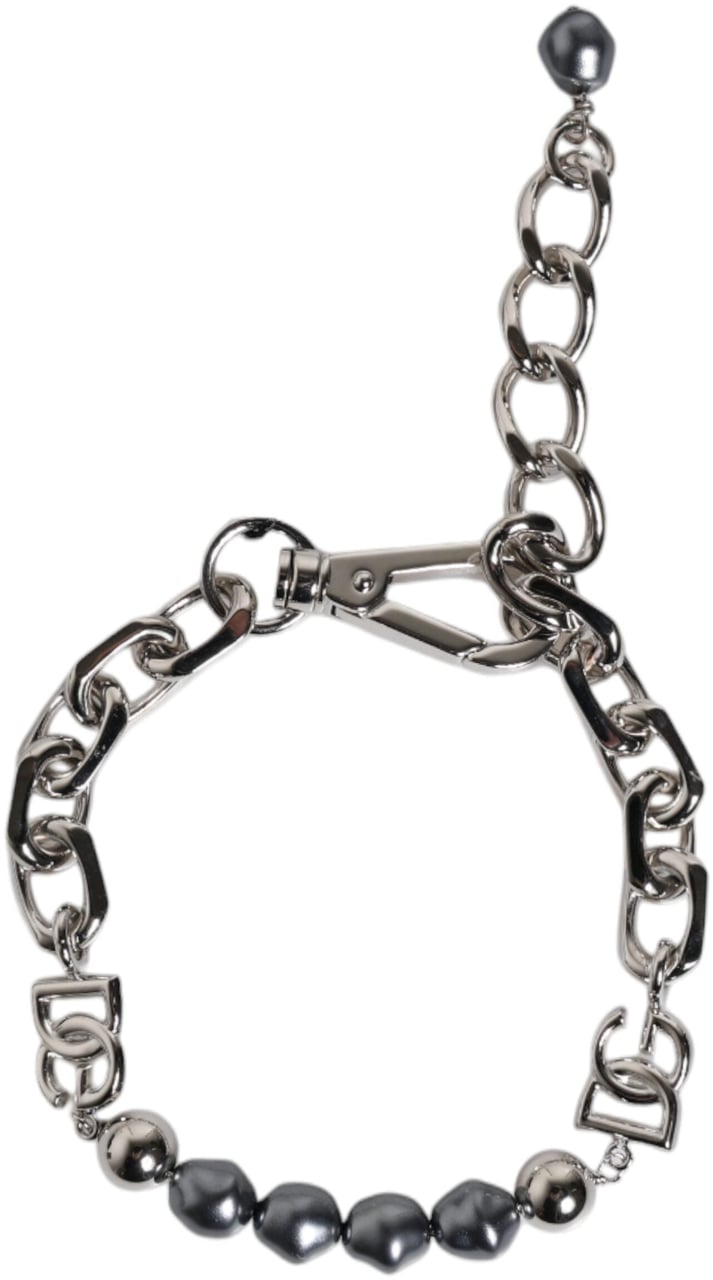 Dolce & Gabbana Silver Tone Chain Lobster Clasp Logo Gray Pearls Bracelet Zilver