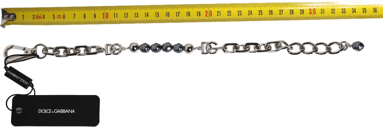 Dolce & Gabbana Silver Tone Chain Lobster Clasp Logo Gray Pearls Bracelet Zilver
