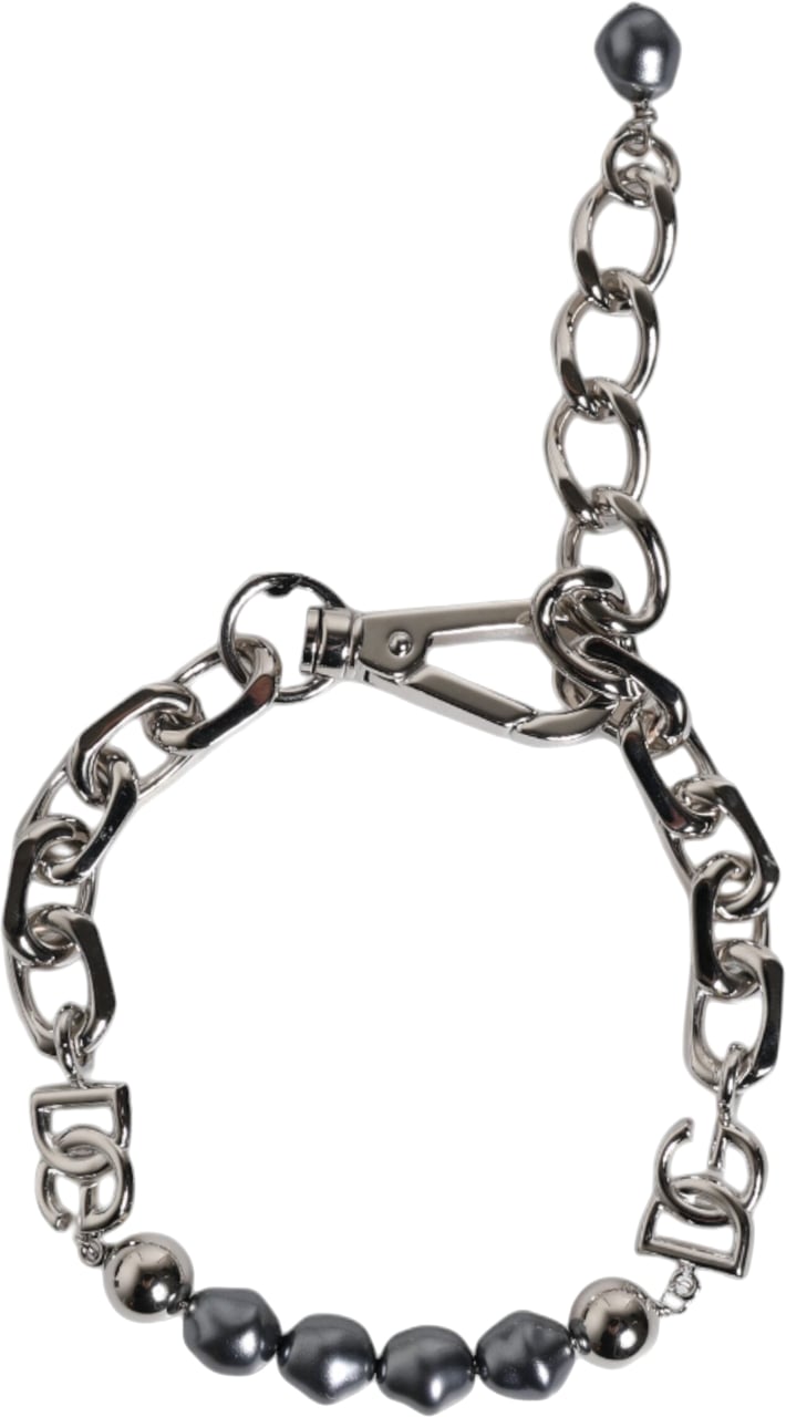 Dolce & Gabbana Silver Tone Chain Lobster Clasp Logo Gray Pearls Bracelet Zilver