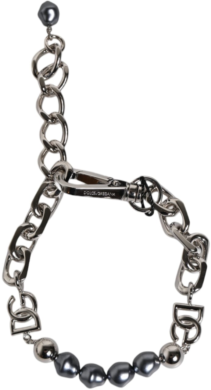 Dolce & Gabbana Silver Tone Chain Lobster Clasp Logo Gray Pearls Bracelet Zilver