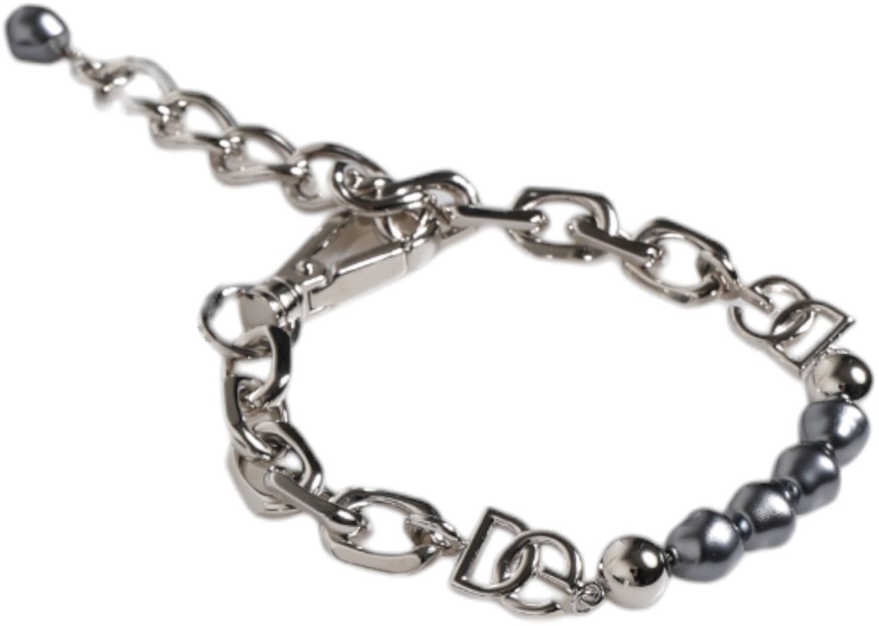 Dolce & Gabbana Silver Tone Chain Lobster Clasp Logo Gray Pearls Bracelet Zilver