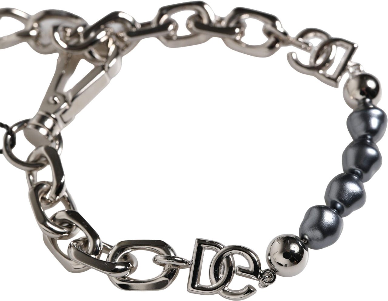 Dolce & Gabbana Silver Tone Chain Lobster Clasp Logo Gray Pearls Bracelet Zilver