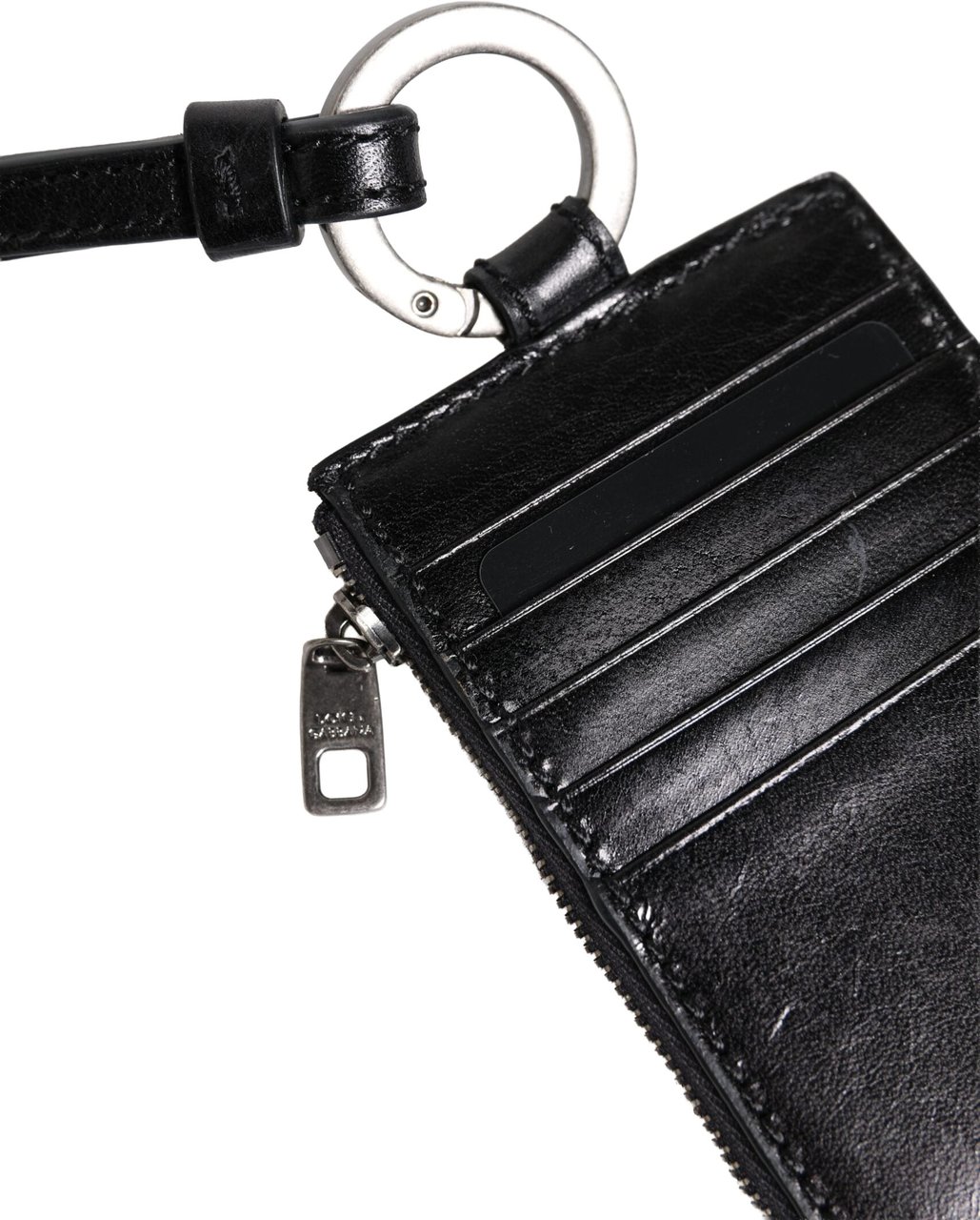 Dolce & Gabbana Black Leather Logo Embossed Lanyard Card Holder Wallet Zwart