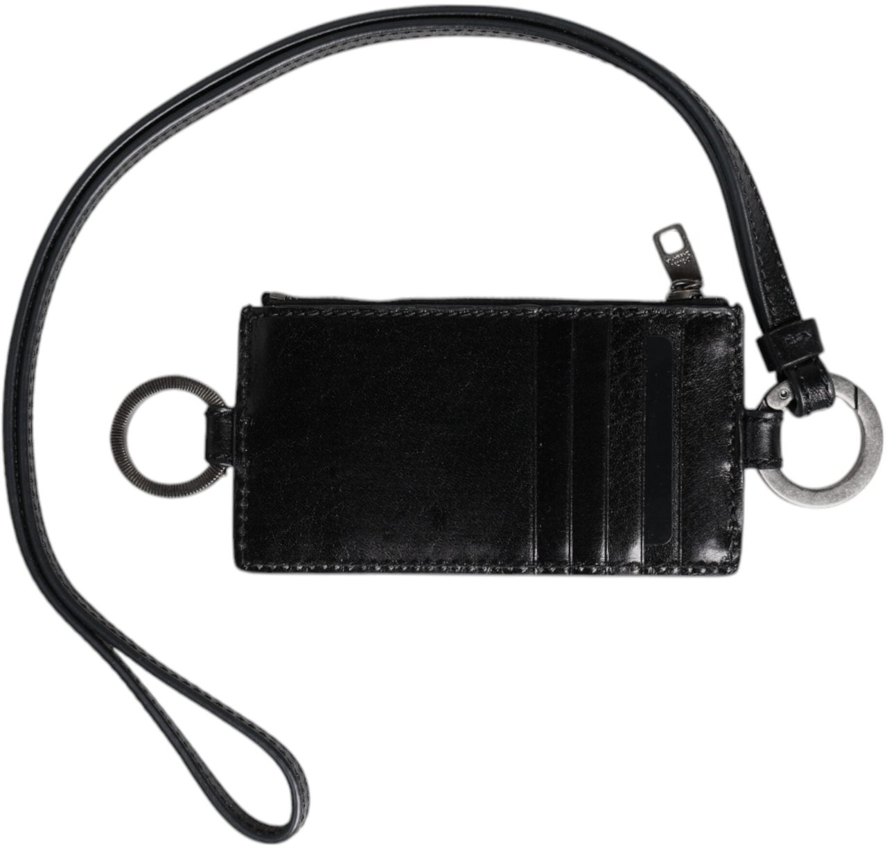 Dolce & Gabbana Black Leather Logo Embossed Lanyard Card Holder Wallet Zwart
