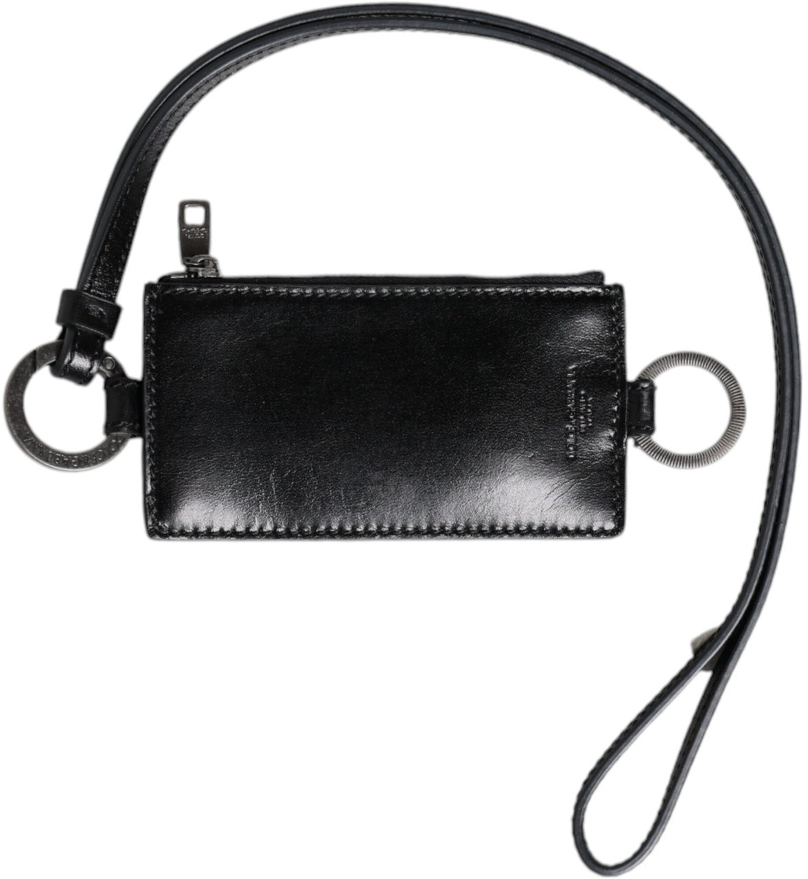 Dolce & Gabbana Black Leather Logo Embossed Lanyard Card Holder Wallet Zwart