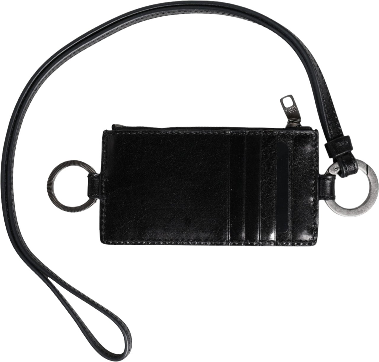Dolce & Gabbana Black Leather Logo Embossed Lanyard Card Holder Wallet Zwart