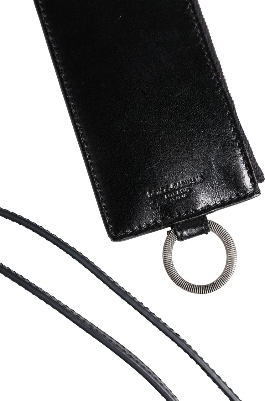 Dolce & Gabbana Black Leather Logo Embossed Lanyard Card Holder Wallet Zwart
