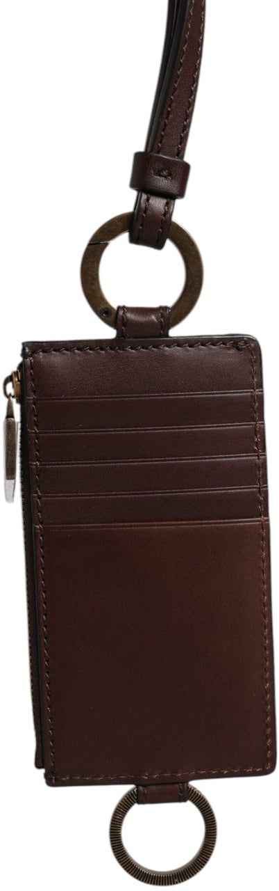 Dolce & Gabbana Brown Calf Leather Lanyard Logo Card Holder Wallet Bruin