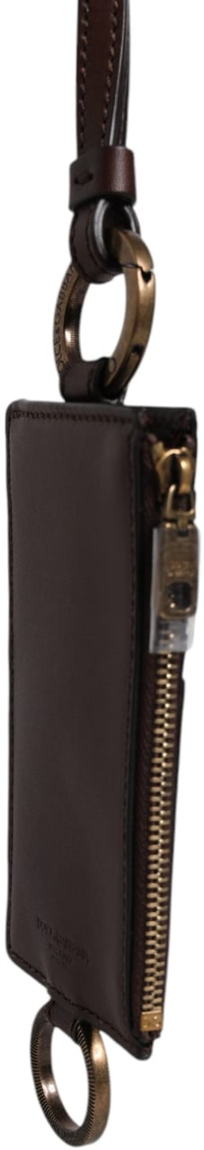 Dolce & Gabbana Brown Calf Leather Lanyard Logo Card Holder Wallet Bruin