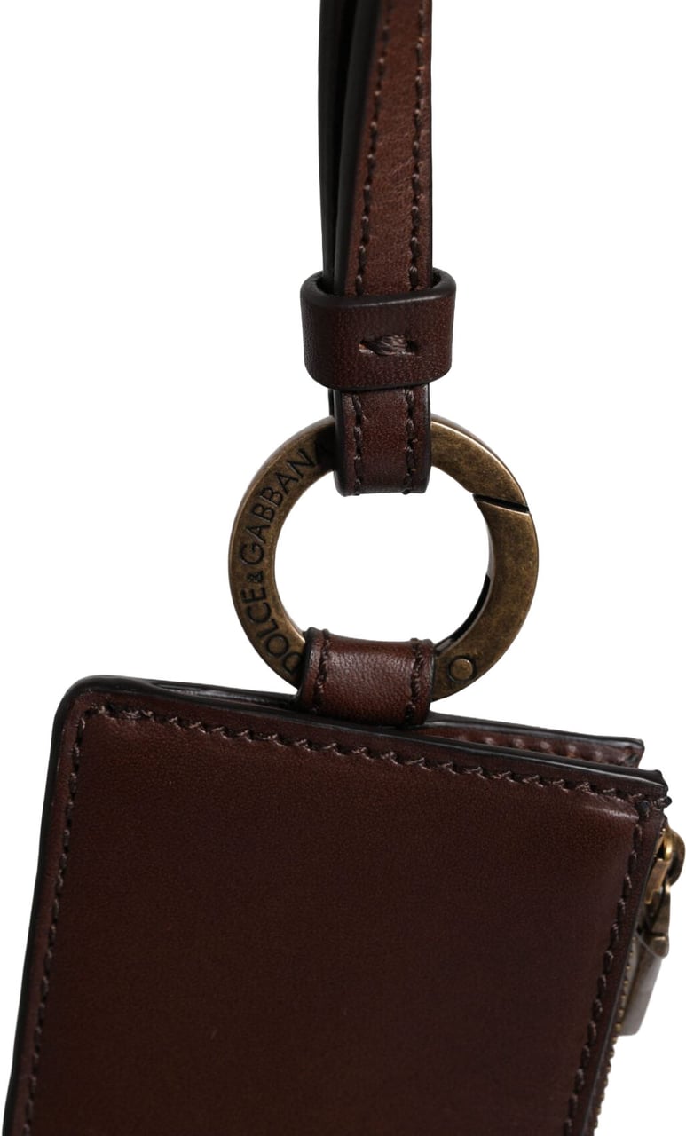 Dolce & Gabbana Brown Calf Leather Lanyard Logo Card Holder Wallet Bruin