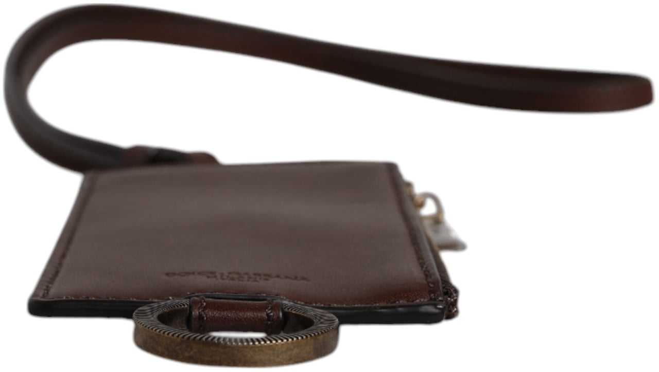 Dolce & Gabbana Brown Calf Leather Lanyard Logo Card Holder Wallet Bruin