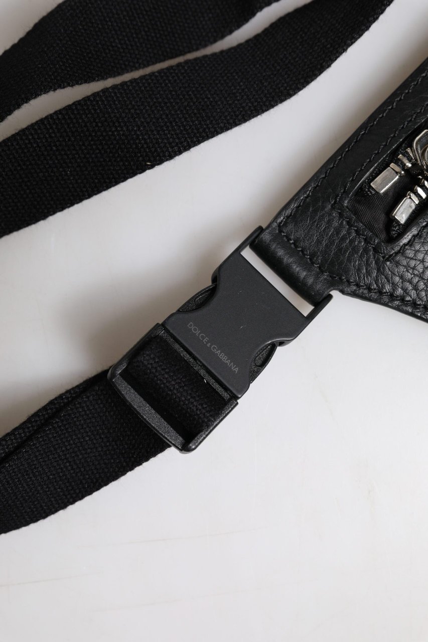 Dolce & Gabbana Black Calfskin Logo Plaque Belt Waist Men Fanny Pack Bag Zwart